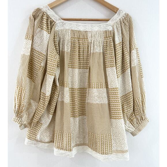 Oh My Stars Trudy Patchwork Blouse XS Mustard Yellow Square Neck Puff Sleeve - Picture 5 of 10